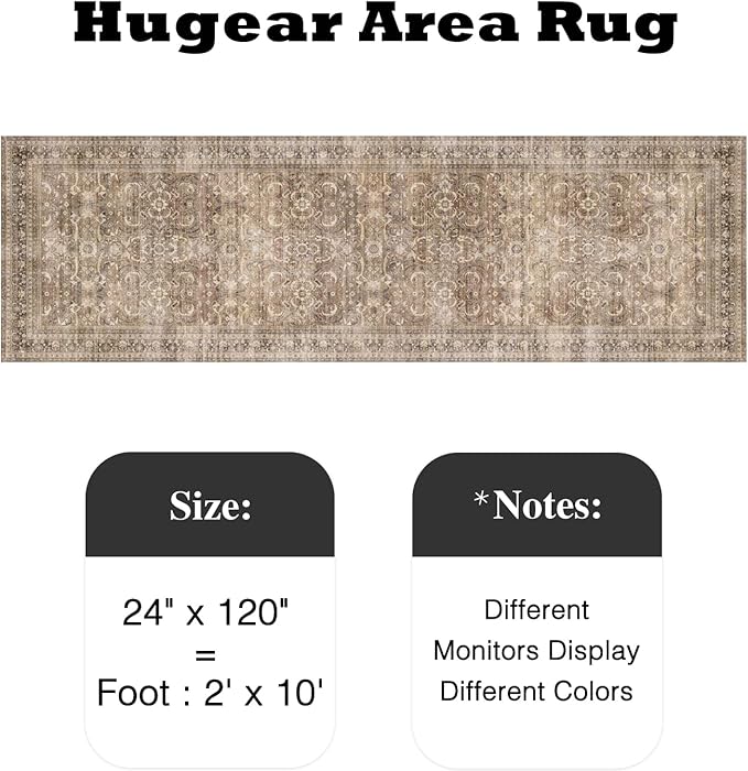HUGEAR 2x10 Runner Rug Hallway Vintage Brown Machine Washable Retro Floral Low Pile Carpet Vacuumable Distressed Long Throw Rug Bedroom Office Bathroom Kitchen Laundry Non Slip Soft Lightweight