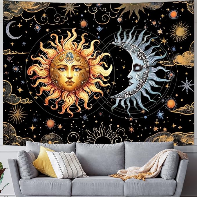 Racunbula Sun and Moon Tapestry Boho Black Golden Tapestry Aesthetic Vintage Moon Star Cloud Wall Tapestries Spiritual Tapestries Wall Hanging for Bedroom
