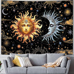 Racunbula Sun and Moon Tapestry Boho Black Golden Tapestry Aesthetic Vintage Moon Star Cloud Wall Tapestries Spiritual Tapestries Wall Hanging for Bedroom
