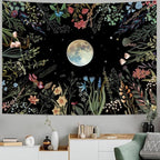 Amhokhui Moonlit Garden Tapestry Boho Moon Tapestry Floral Flower Tapestries Colorful Plants Tapestries Black Wall Hanging Decor for Home