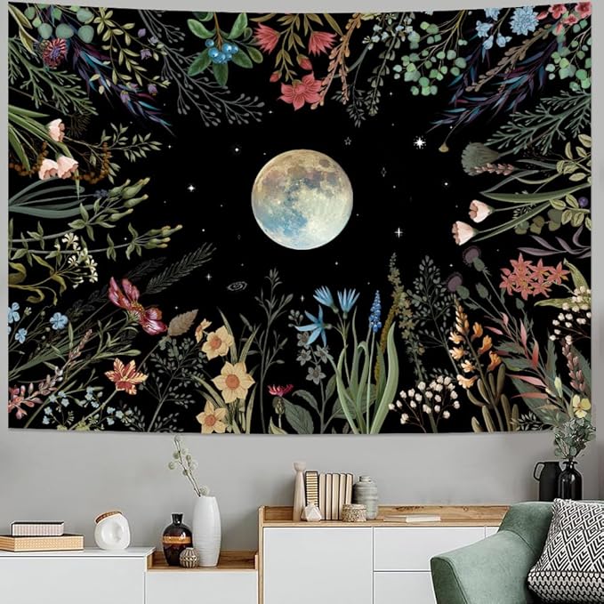 Amhokhui Moonlit Garden Tapestry Boho Moon Tapestry Floral Flower Tapestries Colorful Plants Tapestries Black Wall Hanging Decor for Home