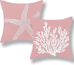 Coastal Pillow Covers 18x18 Inch Set of 2, Pink Coral Starfish Throw Pillows Nautical Ocean Decorations Beach Pillowcase Outdoor Decor Linen Farmhouse Cushion Case for Home Sofa Living Room