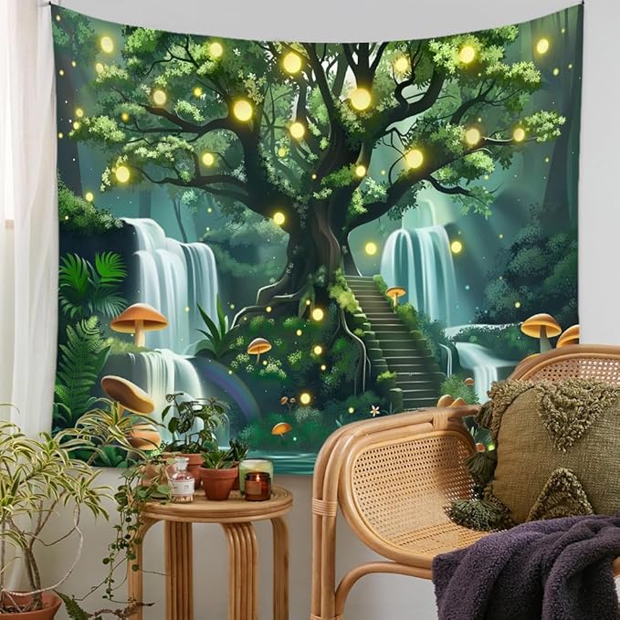 Jhdstore Tree of Life Tapestry for Bedroom Green Forest Tapestry Home Decor Bedroom Living Room Decor Tapestries Wall Hanging Magic Forest Wall Hanging 36"x48"