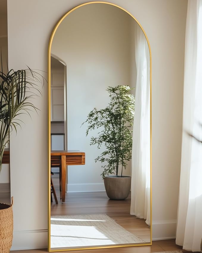 Antok 64" x21” Arched Full Length Floor Mirror, Gold Aluminum Frame, Free Standing/Wall Mount/Leaning for Bedroom, Living Room, Dressing Room