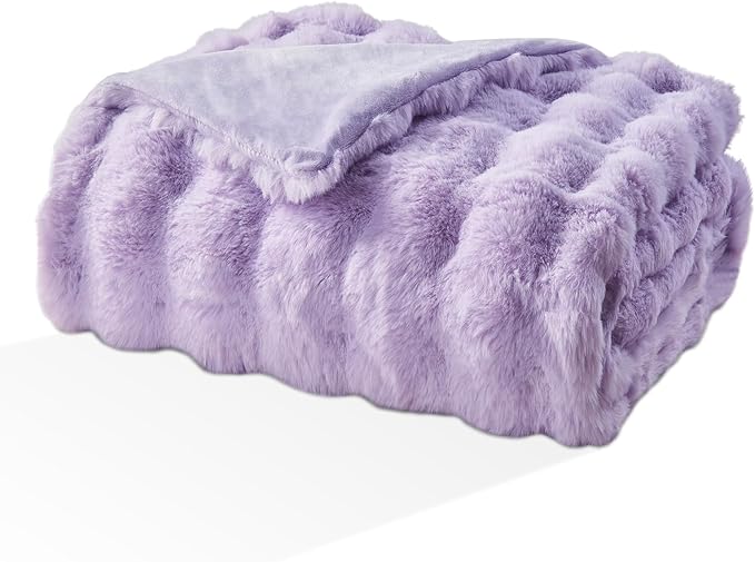EMME Faux Fur Blanket King Size Purple - Big Bubble Rabbit Cozy Blanket for Couch, Thick Furry Plush Shaggy Blankets, 650GSM, 108x90 Inches
