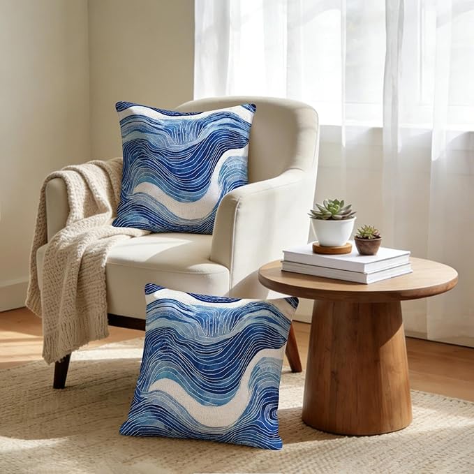 2 Pack Navy Blue and White Waved Throw Pillows Covers 18x18 Inch Decorative Modern Abstract Light Blue White Pillowcases Farmhouse Cushion Covers for Couch Bed Sofa Farmhouse Boho Spring Home Decor
