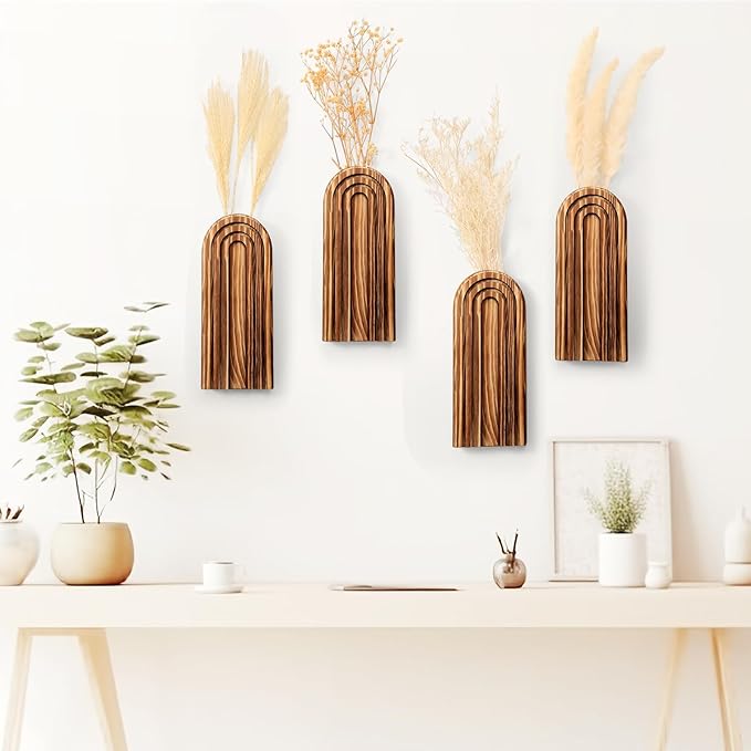 4 Pack Wall Planter Indoor Decor Plant Holders Boho Wood Hanging Vases for Modern Farmhouse Living Room Bedroom Rainbow Decor (Dark Brown)