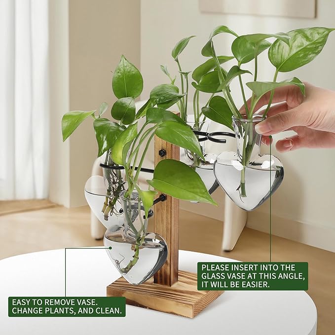 Plant Terrarium Propagation Stations with Wooden Stand, Glass Vase for Indoor Hydroponics Home Garden Office Decoration Gift for Women - 4 Love Bulb Vase