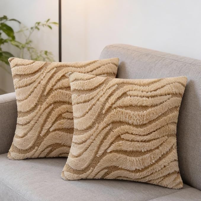 Khaki Couch Pillow Covers 20" x 20" Striped Elegant Fluffy Decorative Pillow Covers Set Faux Fur Boho Texture Throw Pillow Covers Decor for Sofa Chair Livingroom - 2 Pieces