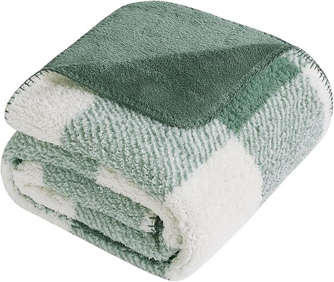 LURKA Checkered Sherpa Fleece Throw Blanket – Soft and Cozy, Medium Weight for All Season, Plush Throw for Couch, Bed, Dorm & Pets, Sage, 60x80 Inches