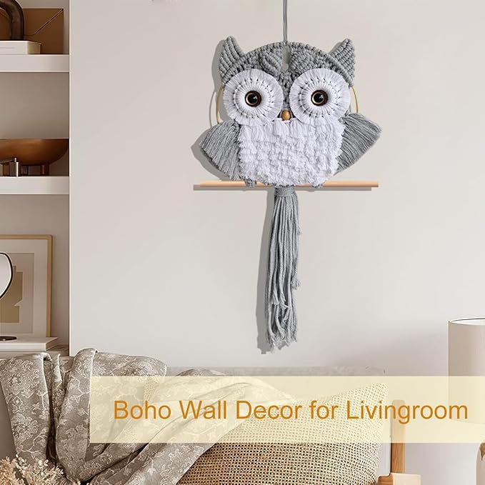 ACEDSGN Macrame Owl Wall Hanging Boho Hippy Decor, Handmade Tapestry Fiber Art Wall Decor for Nursery Bedroom Living Room, Sustainable Gift for Owl Lovers & Nature Fans