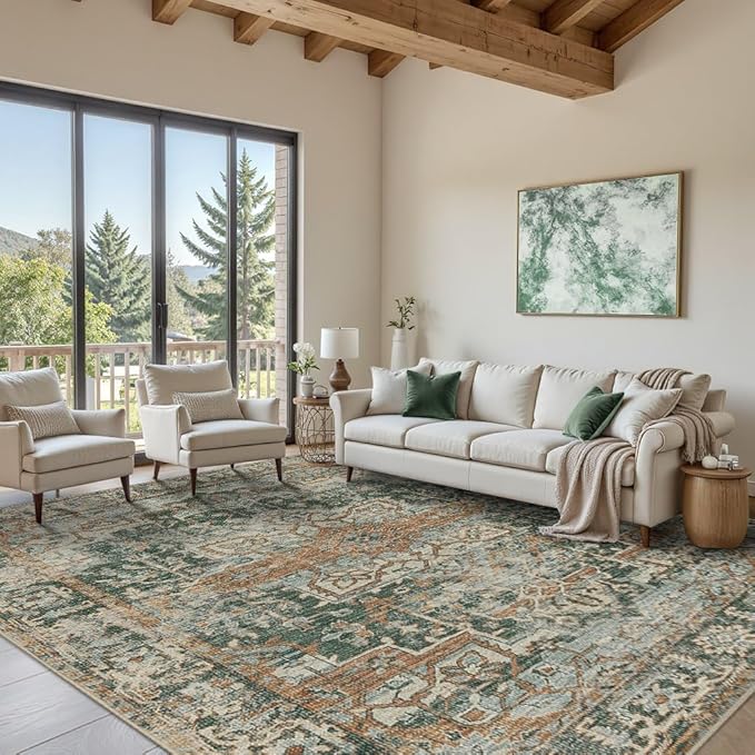 8x10 Area Rugs for Living Room Bedroom, Large Washable Rug, Green Vintage Retro Boho Rug, Non Slip & Low Pile Faux Wool Thin Carpet for Indoor Dining Room and Kids Room(Green/Brown 8x10ft)
