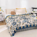 Snycler Boho Throw Blanket for Bed - 100% Cotton Ultra Soft Rustic Quilt - White Blue Floral Printed Farmhouse Decor Bed Blankets, 80"×90" All Season Rustic Throw for Sofa Couch Chair