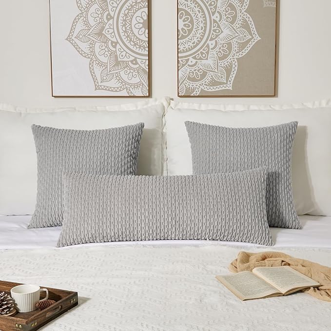 Kevin Textile 20x54 Inch Long Body Lumbar 1 Pack Boho Decorative Throw Pillow Cover Soft Striped Corduroy Rectangle Cushion Case Farmhouse Accent for Living Room Couch Sofa Bed, Light Grey