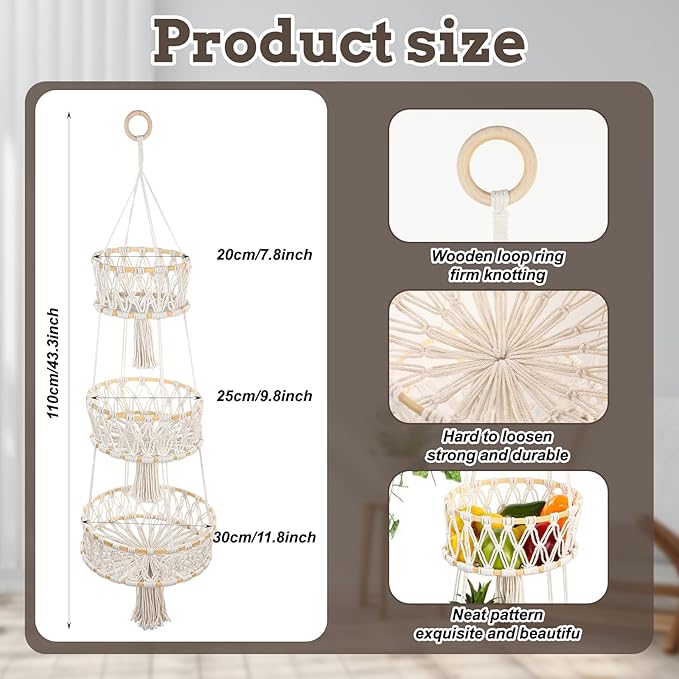 3 Tier Hanging Basket, Hanging Fruit Baskets for Kitchen Storage Organizer - Cotton Woven Multi-Layer Produce Holder with Hang Loop for Vegetables Plants Home Decor
