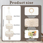 3 Tier Hanging Basket, Hanging Fruit Baskets for Kitchen Storage Organizer - Cotton Woven Multi-Layer Produce Holder with Hang Loop for Vegetables Plants Home Decor
