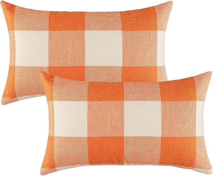 12x20 Fall Outdoor Throw Lumbar Pillow Covers Orange Set of 2 Buffalo Plaid Decor Thanksgiving Checker Cushion Cases Autumn Farmhouse Home Cotton Linen Decorations for Couch Sofa Living Room Patio
