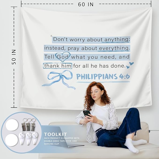 LIANGW Blue Bible Verses Christian Tapestry, Based Blue Room Decor Aesthetic, Inspirational Christian Tapestry for Women, Bible Bow Aesthetic for Girls Bedroom for Dorm Room 50x60 Inch
