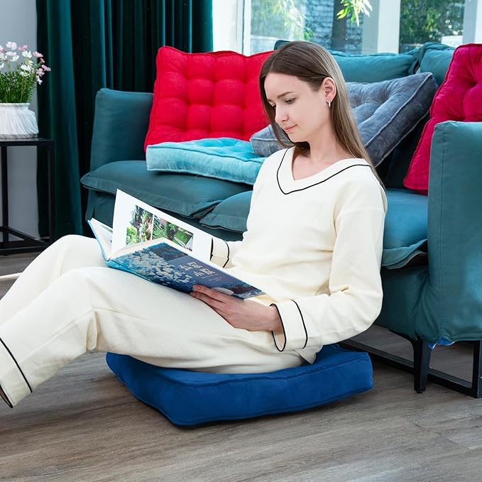 Floor Pillow Set of 2, Memory Foam Meditation Cushion, Floor Cushions for Adults Sitting, Large Square Seat Cushions for Yoga, Couch, Sofa, Kids, Living Room, 20x20 Inch (Navy Blue)