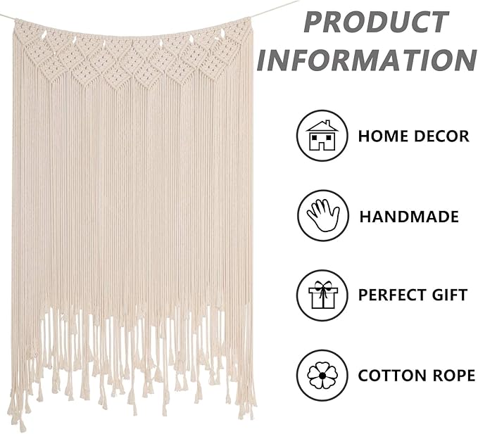 RLoncomix Boho Macrame Wall Hanging, Large Woven Tapestry Wall Art Bohemian Cotton Handmade Macrame Backdrop for Wedding Living Room Gallery Bedroom, Beige, 39"x 45"