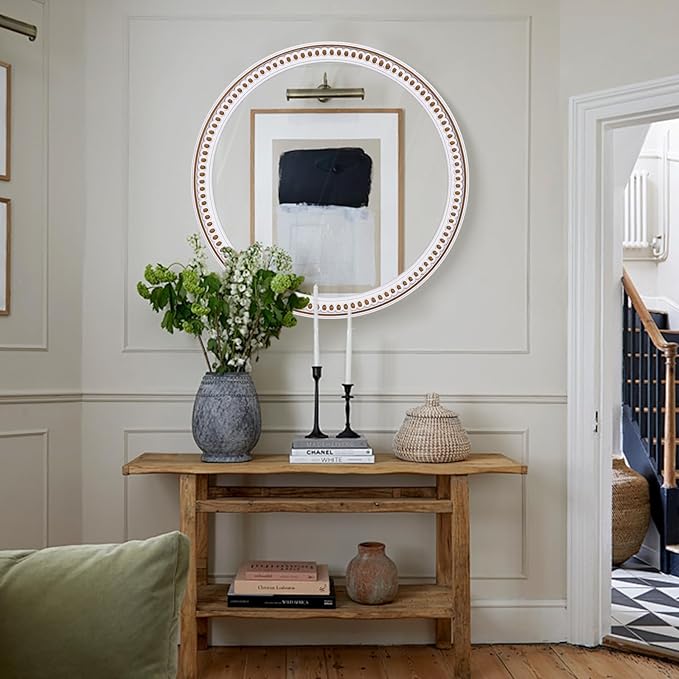 24 Inch Rustic Round Wall Mirror, Farmhouse Wooden Circle Bathroom Vanity Mirror for Entryway, Living Room, Bedroom & Hallway Home Decor