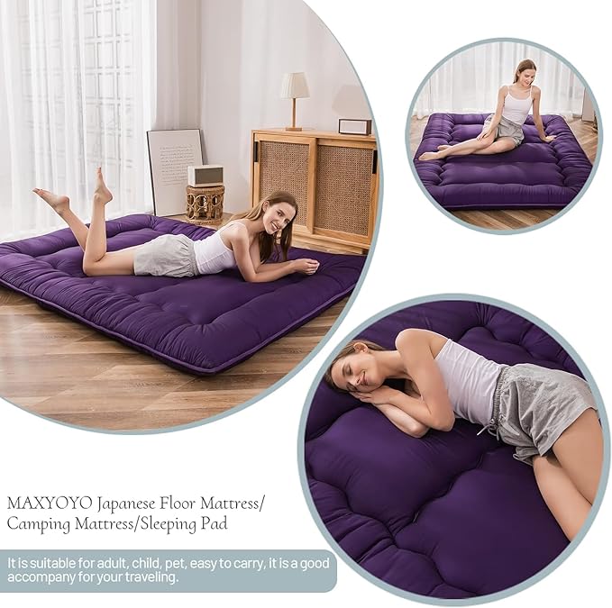 MAXYOYO Japanese Floor Futon Mattress, Roll Up Floor Mattress for Adults Foldable Tatami Mat Sleeping Pad Dormitory Bed Lounger, Purple, Twin Size
