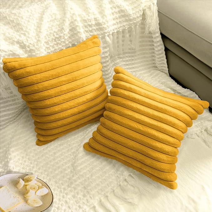 2 Pack 24x24 Pillow Cover Velvet Pillow Covers, Faux Fur Square Throw Pillow Covers for Living Room Decorations Throw Pillow Case, Throw Pillow Cover Cushion Cover for Sofa Bedroom Car, Mustard Yellow