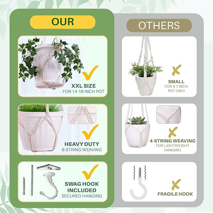 Giant XXL 55 Inches Macrame Planter Hanger Large for 15 inch Pot + Swag Hook | Extra Large Hanging Planter for Indoor Plants | No Pot/Plant Included (XXL Black)