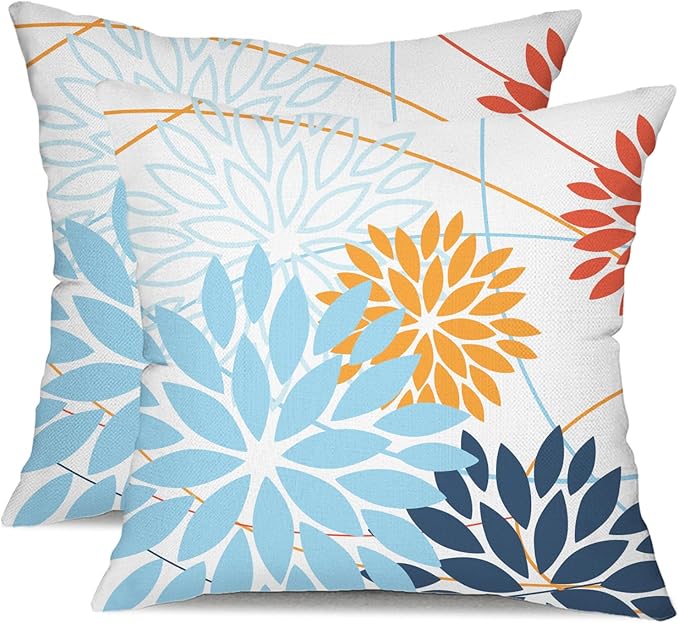 Light blue and Orange Floral Pillow Covers 20x20 Set of 2 Outdoor Waterproof Decorative Throw Pillows Summer Pillow covers Polyester Cushion Case Decor for Couch Patio Funiture Garden Porch 011D20