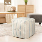 AELS Unstuffed Farmhouse Pouf Cover for Living Room, Boho Storage Bean Bag Cubes, Beige with Navy Blue Stitch Yarn Dyed Stripe Square Ottoman Pouf Foot Rest Footstool, 18"x18"x18", Cover ONLY