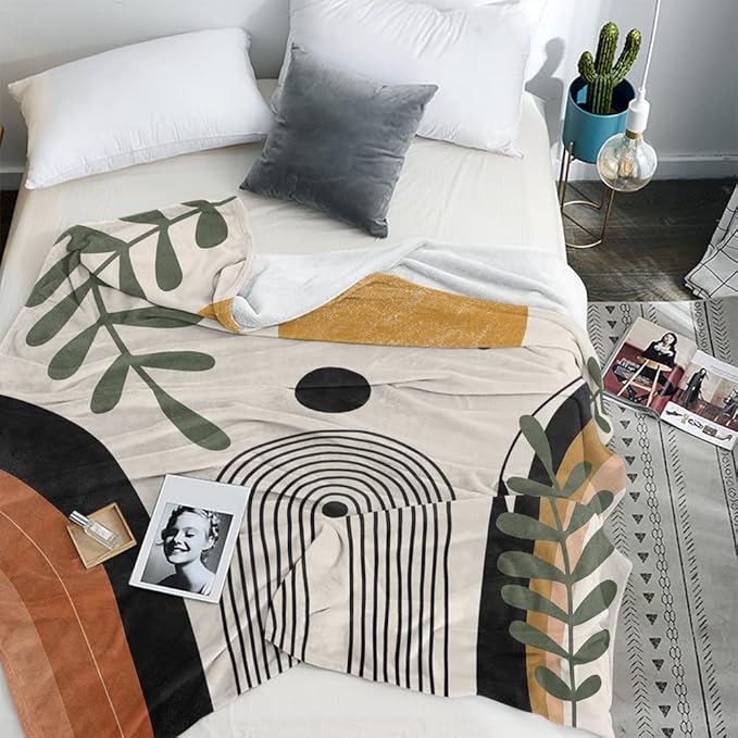 Abstract Modern Throw Blanket Boho Minimalist Mid Century Sun Aesthetic Soft Warm Bed Bedding Women Blankets for Couch Bedroom Sofa Office Cozy Flannel Blanket Orange Beige Black 30"X40"
