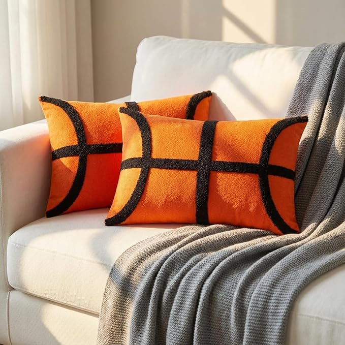 2 Pcs Basketball Velvet Pillow Covers 12 x 20 Inch 3D Tufted Embroidery Sports Theme Basketball Decorative Throw Cushion Case for Bedroom Sofa Living Room Couch Chair Home Decor
