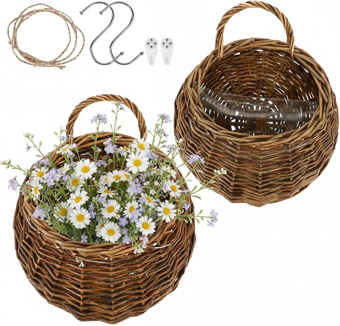 DOITOOL 2PCS Woven Hanging Wall Basket Rattan Wall Planter, Wicker Handmade Baskets Rustic Flower Pots Plant Containers for Garden Home Storage Flowers Hanging Planters