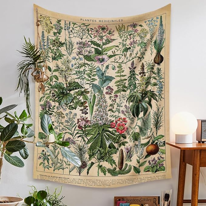 Vintage Flowers Tapestry 48”x36”, Long Vertical Wall Hanging Reference Illustrative Botanical Tapestries for Bedroom Aesthetic Floral Tapistry Botanical Plants Tapestry Wall Hanging Cute Bedroom Decor