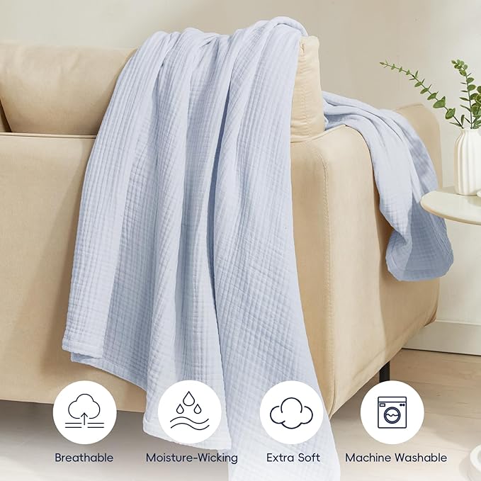 PHF 100% Cotton Muslin Blanket Twin XL Size 66"x90", 4-Layer Lightweight Gauze Throw, Breathable Cloud-Soft Minimalist Blanket for Bed, Couch, Camping & Baby, Ancient Water, Ideal Gift