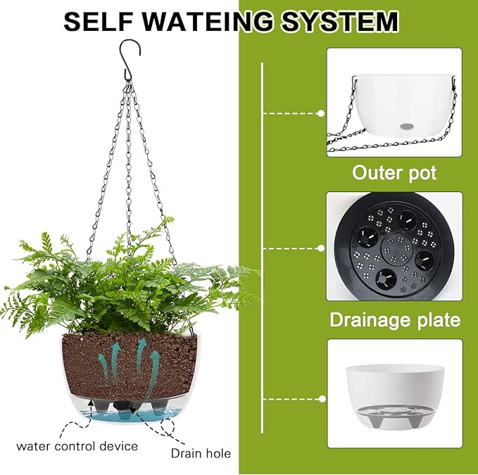 Sungmor Self Watering Hanging Planter for Indoor Plants, 9.4" & 11.2" 2-PACK Large White Plastic Hanging Basket, Garden Flower Pots with Hanging & Standing Design, Thickened Sturdy Drainage Plant Pots