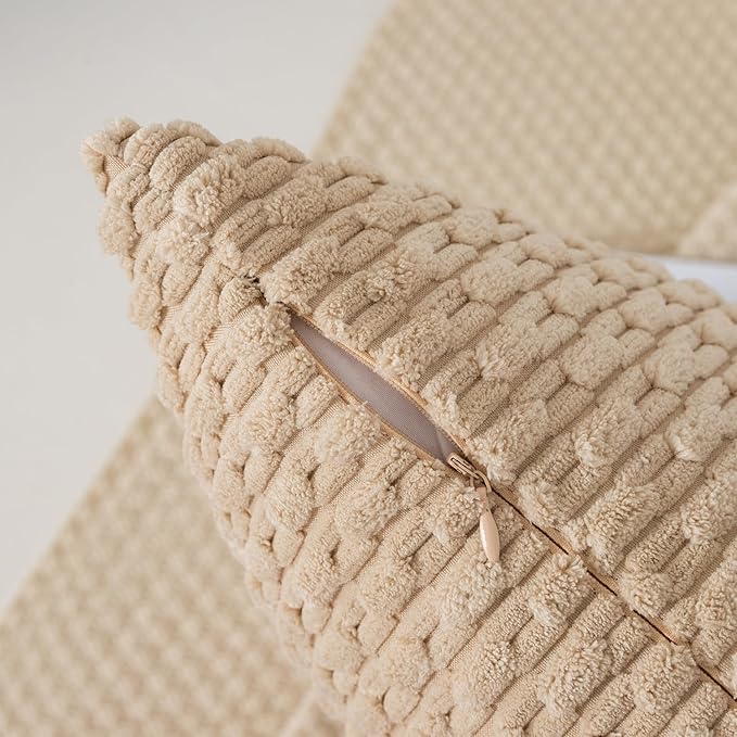 Kevin Textile 12x20 Inch Pillow Cover 1 Pack Boho Decorative Soft Striped Corduroy Lumbar Farmhouse Solid Color Accent Rectangle Cushion Case for Living Room Couch Sofa Bed, Beige
