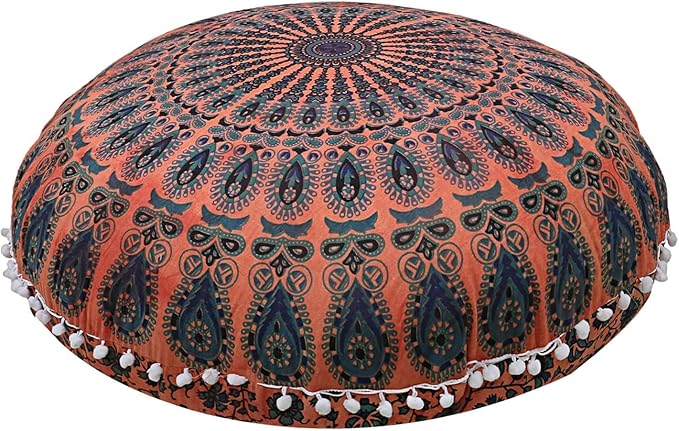 Indian Mandala Cotton Floor Pillow Living Room Decor Throw Round Seating Pouf Cover Decorative Cushion Yoga Hippie Puffe Sham Chair Couch 32 Inches