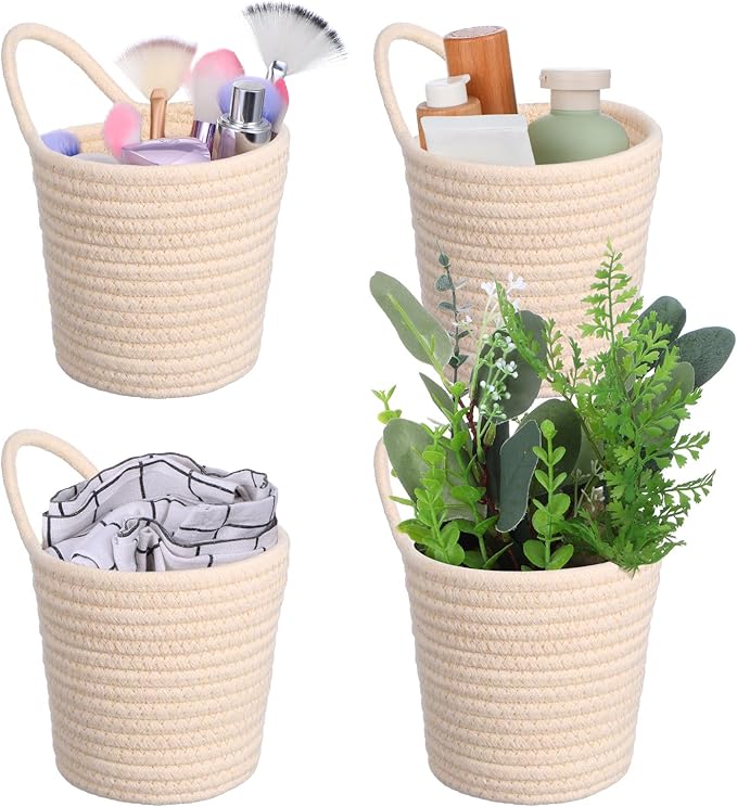 4 Pack Hanging Woven Basket, Small Hanging Basket for Wall, Boho Style Cotton Rope Storage Organizer, Woven Wall Baskets for Home Decor (Beige, 5.5" x 5.5")
