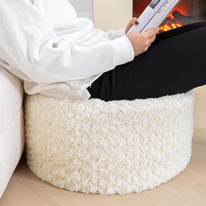 Asuprui Round Pouf Ottoman Stuffed Foot Stool Floor Pouf Chair for Living Room Bedroom Filled Boho Poof Foot Rest for Couch 20 Diameter x 12 Height Cream with Filler