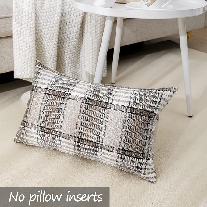 CARRIE HOME Brown Tartan Plaid Lumbar Pillow Cover 12x20 Set of 2 Farmhouse Buffalo Plaid Brown Striped Lumbar Throw Pillow Cover for Living Room Couch Sofa