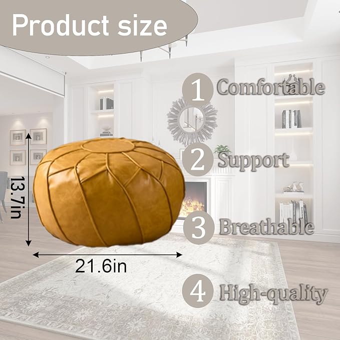 Louis Donné Moroccan Pouf Cover Unstuffed Waterproof Faux Leather Ottoman Foot Rest, Round Storage Bean Bag Chair for Stuffed Animals, Boho Floor Cushion for Living Room Patio, (Yellow)