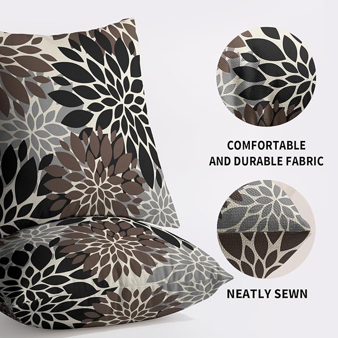Black Dark Brown Pillow Covers 18X18 Inch Set of 2, Spring Summer Floral Dahlia Flower Cream Decorative Throw Pillow Covers Outdoor Modern Farmhouse Cushion Case for Home Couch Sofa Bed Decor