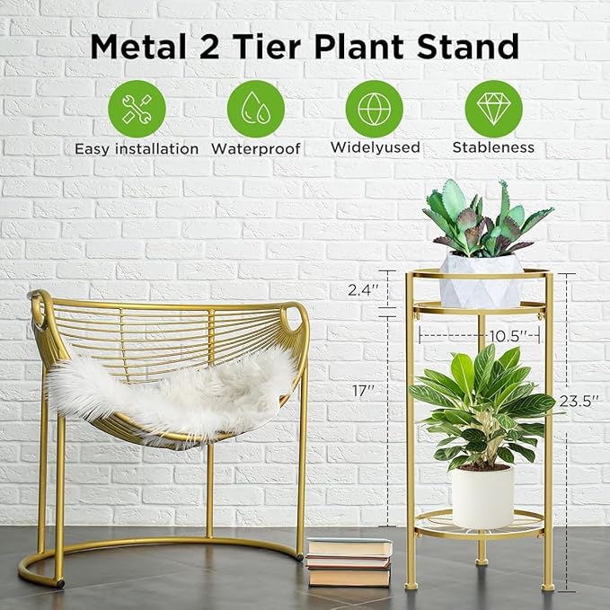 H HOMEXIN Plant Stand Indoor ,2 Tier Metal Plant Stand 23.5'' Tall Heavy Duty Sturdy Plant Shelf Holder,Rustproof Decorative Plant Stands Outdoor for Corner Garden Patio Livingroom Balcony