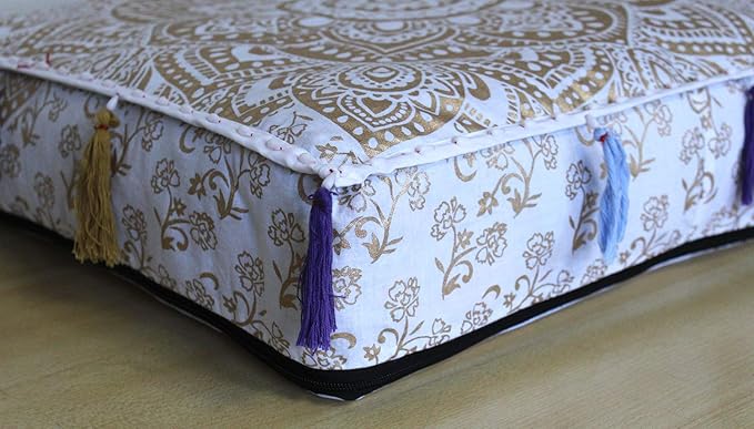 ICC Large Square Cotton Mandala Cushion Cover Hippie Ottoman Pouf Cover Daybed Floor Pillow Cover with Heavy Duty Zipper Seating Ottoman Poufs Dog-Pets Bed (White Flower Gold, 18" Square)
