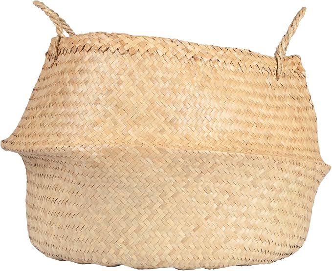 Large Beige Collapsible Seagrass Basket with Handles