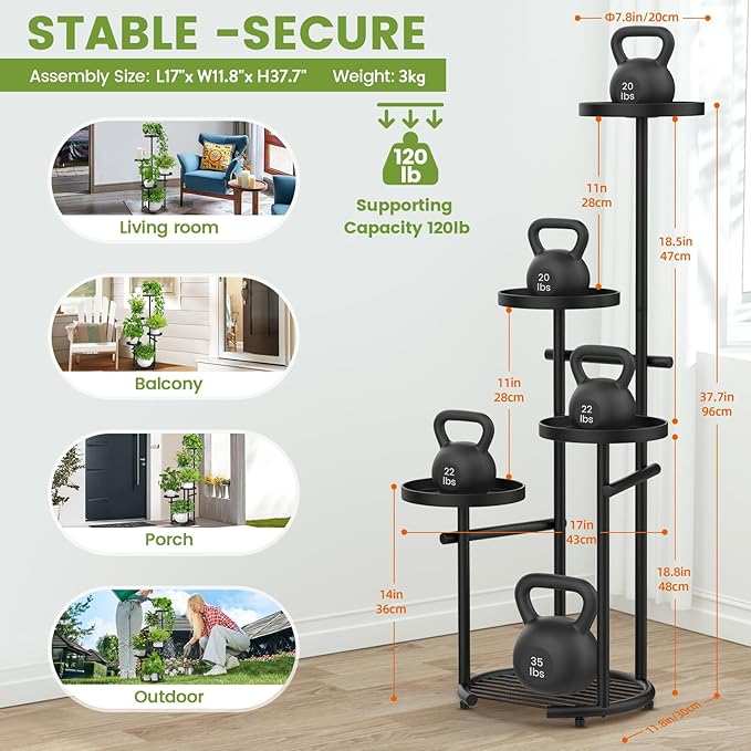TOSKING 5-Tier Tall Plant Stand Indoor & Outdoor, Anti-Tip Round Base for Pots, Child and Pet Friendly, Heavy Duty Corner Shelf for Multiple Plants, Space-Saving Design for Living Room Balcony Garden (Black, 38in)