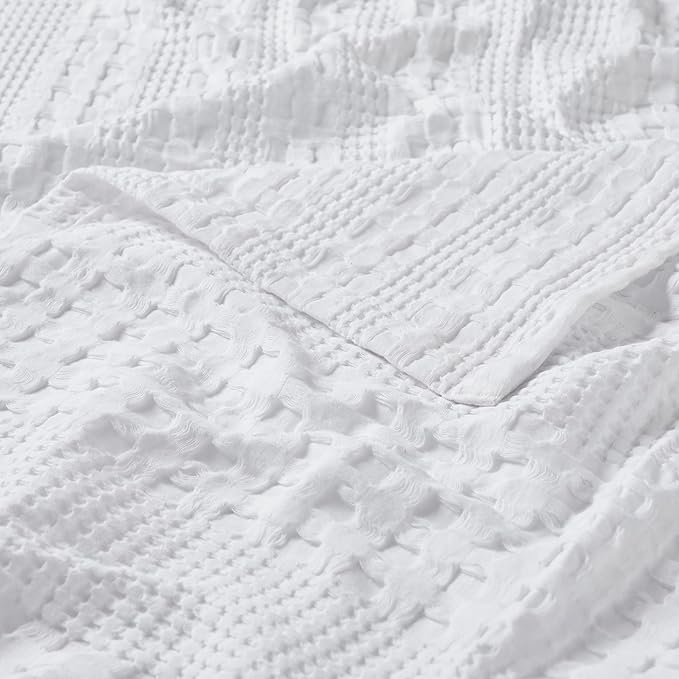 VHC Brands 100% Cotton Waffle Weave White Oversized King Size Blanket 120x120, Decorative Cotton Throw Blanket, Boho Farmhouse Bedroom Decor for Bed, Couch, or Sofa