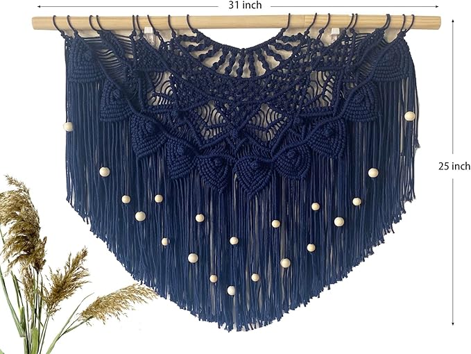 Youngeast Large Macrame Wall Hanging Boho Beaded Curtain for Window Macrame Bedroom Headboard Living Room Wall Art Tassel Tapestry Bohemian Woven Wall Decor 31" W X 25" H (Navy)