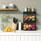 Black Kitchen Wall Hanging Storage Basket Set of 2, Rustic Stackable Kitchen Counter Fruit Organizer, Wire Baskets Container for Veggie, Garlic, Produce, Onion and Potato (Black Shelf)